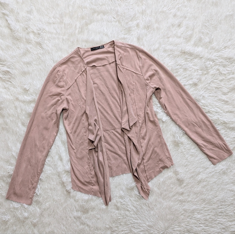 Black Tape_ Pastel Pink Suede Open Front Flowy Waterfall Cardigan Medium